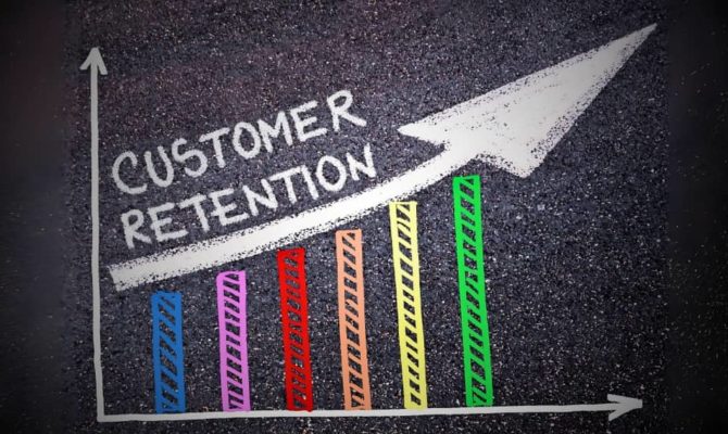 Chalkboard-style graph with rising bars and “Customer Retention” text, representing Rs and Cs of retention.