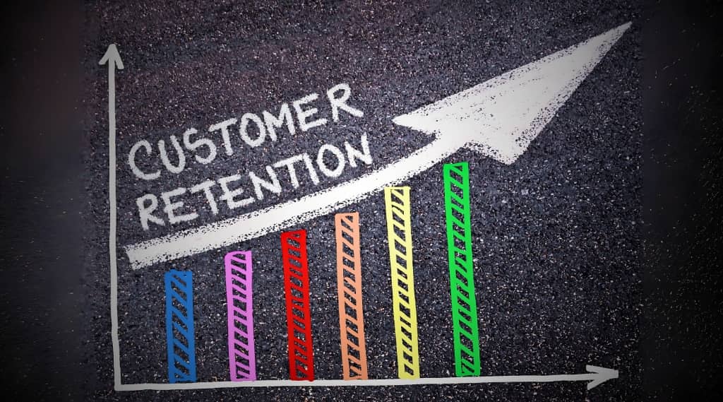 Chalkboard-style graph with rising bars and “Customer Retention” text, representing Rs and Cs of retention.