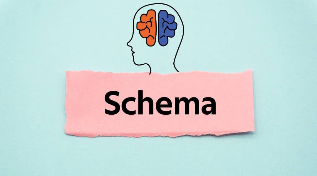 Human head outline with coloured brain above pink strip reading “Schema,” representing schema for AI search results.
