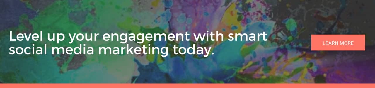 Website banner reading “Level up your engagement with smart social media marketing today” with CTA button, promoting social media marketing.