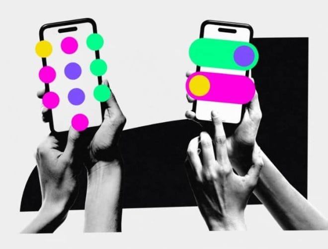 Abstract illustration of two smartphones held in hands with colourful app icons and toggles