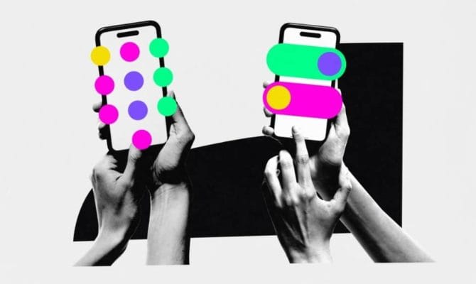 Abstract illustration of two smartphones held in hands with colourful app icons and toggles