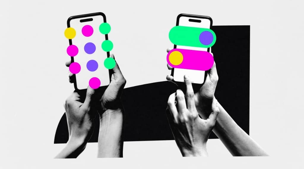 Abstract illustration of two smartphones held in hands with colourful app icons and toggles