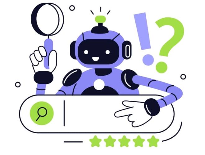 Illustration of AI chatbot holding magnifying glass above a search bar with stars, representing ChatGPT search optimisation.