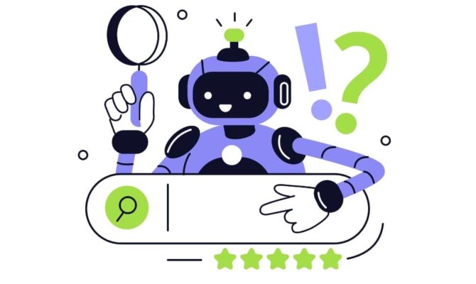 Illustration of AI chatbot holding magnifying glass above a search bar with stars, representing ChatGPT search optimisation.
