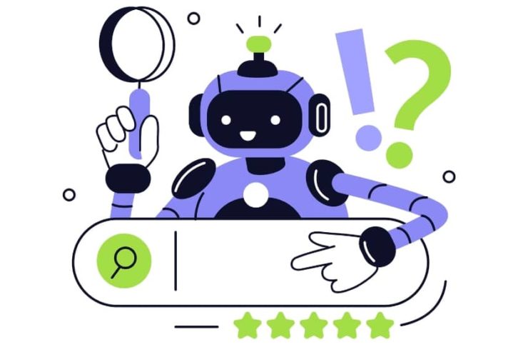 Illustration of AI chatbot holding magnifying glass above a search bar with stars, representing ChatGPT search optimisation.