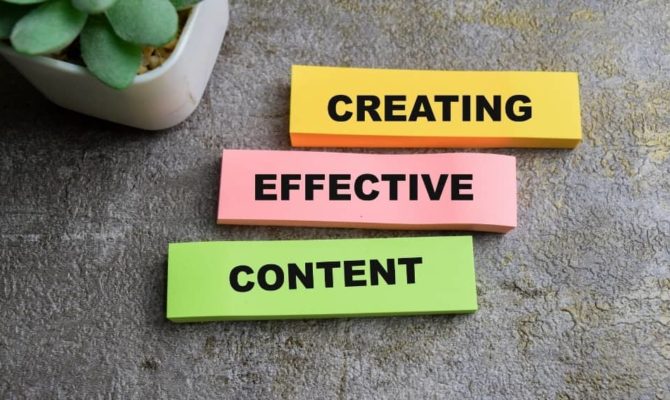 Sticky notes on desk showing the words creating effective content
