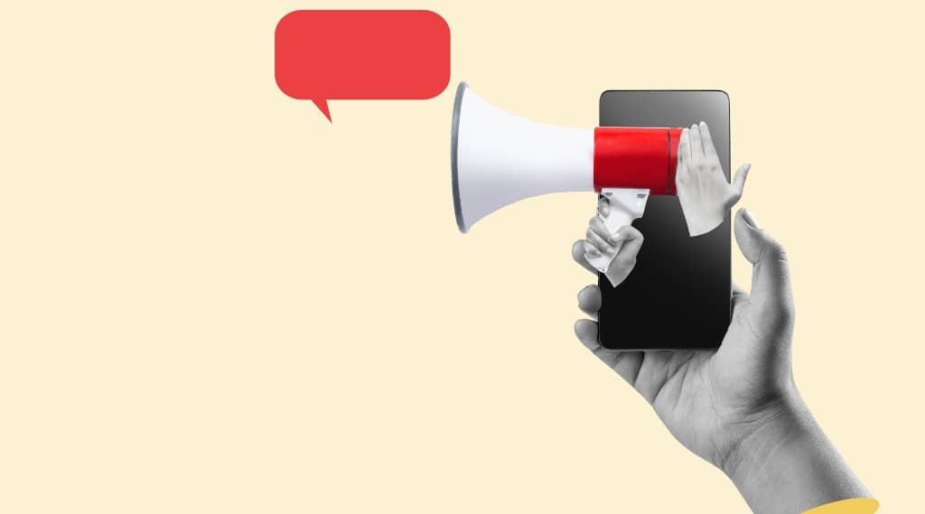 Surreal collage of a hand holding a smartphone with a megaphone coming out of it