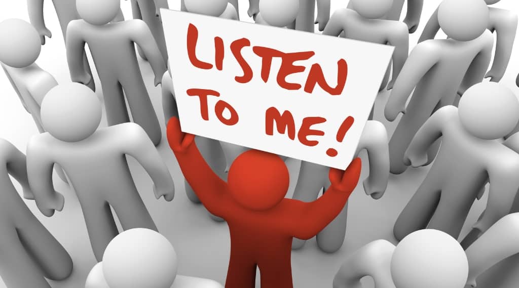 Illustration of a figure holding a sign saying listen to me, symbolising advertising, digital marketing and seasonal business strategy.