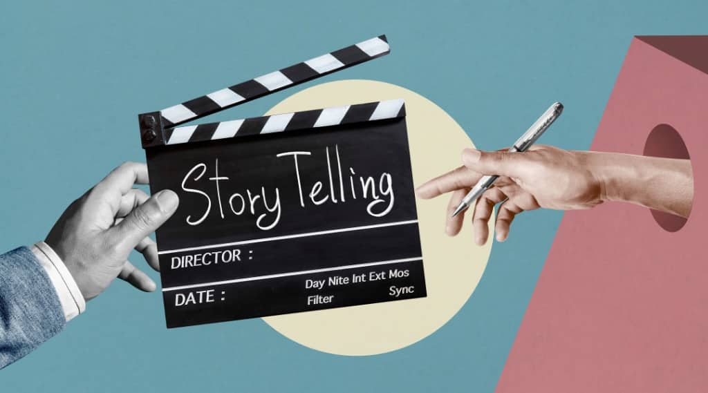 Storytelling concept with film clapperboard and writing hand, symbolising digital marketing, advertising and business strategy in seasonal campaigns.