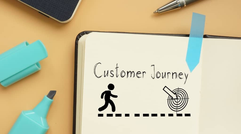 Open notebook showing customer journey illustration, linking web design, marketing agency strategy and web development planning.