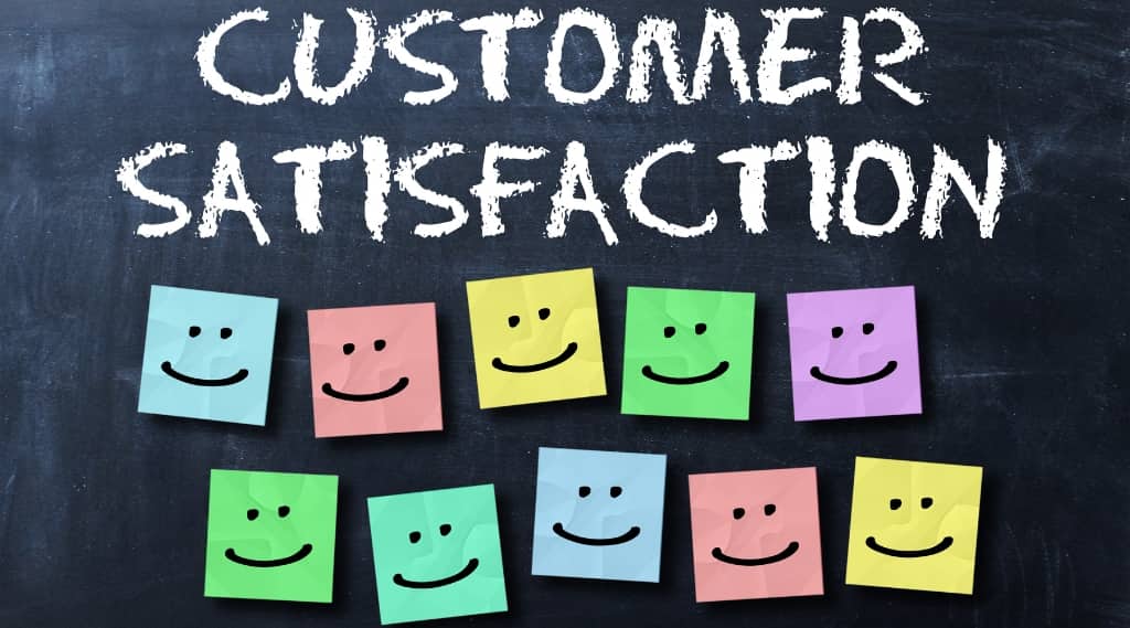 Colourful sticky notes with smiling faces under the words customer satisfaction, highlighting customer relations, brand awareness and email marketing impact on ROI.