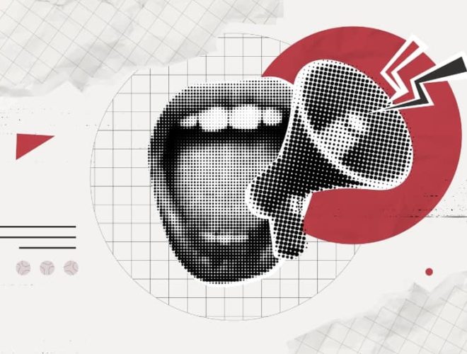 Artistic illustration of a mouth and megaphone, symbolising strong tone of voice in website copy and writing blogs to address customer pain points.