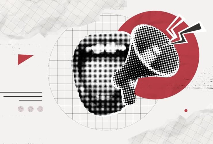 Artistic illustration of a mouth and megaphone, symbolising strong tone of voice in website copy and writing blogs to address customer pain points.