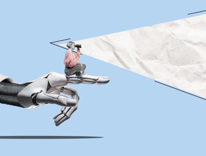 Apple AI Search: A stylised image of a robot hand holding a person looking through binoculars into a projected triangular search space.