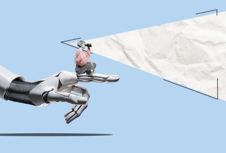 Apple AI Search: A stylised image of a robot hand holding a person looking through binoculars into a projected triangular search space.