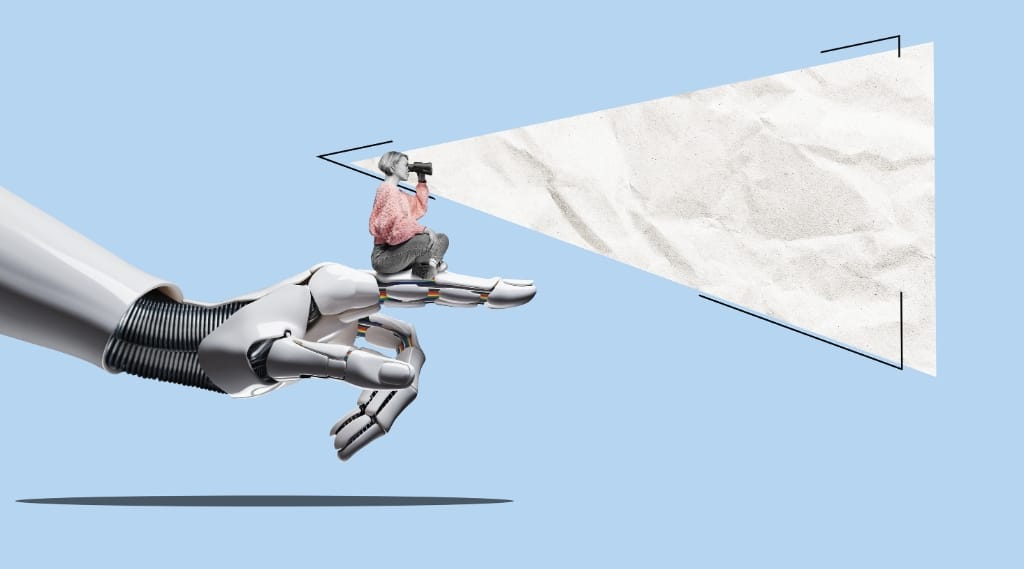 Apple AI Search: A stylised image of a robot hand holding a person looking through binoculars into a projected triangular search space.