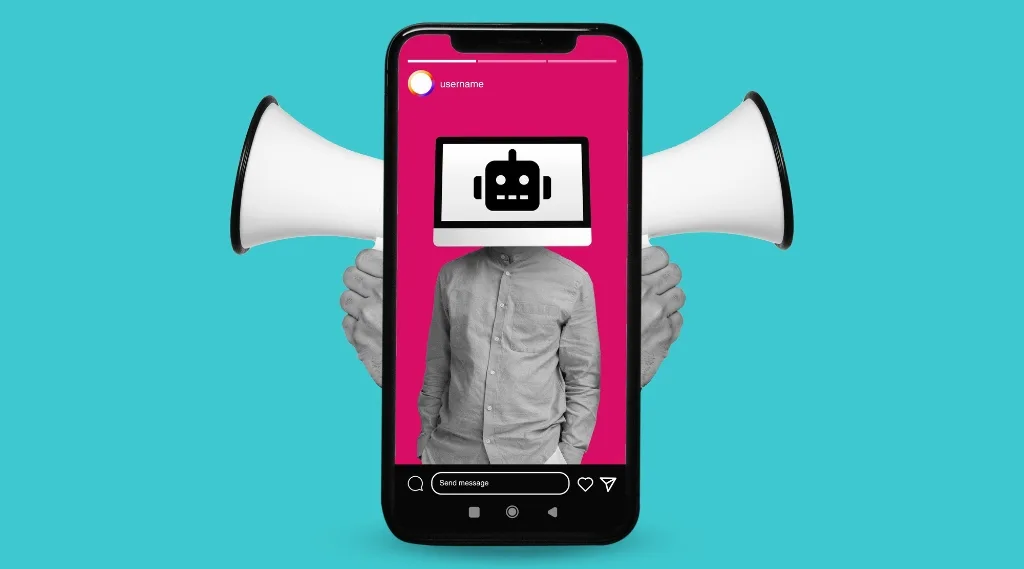 Digital marketing trend 2025 AI, a smartphone screen showing a robot icon with megaphones held behind it on a bright turquoise background