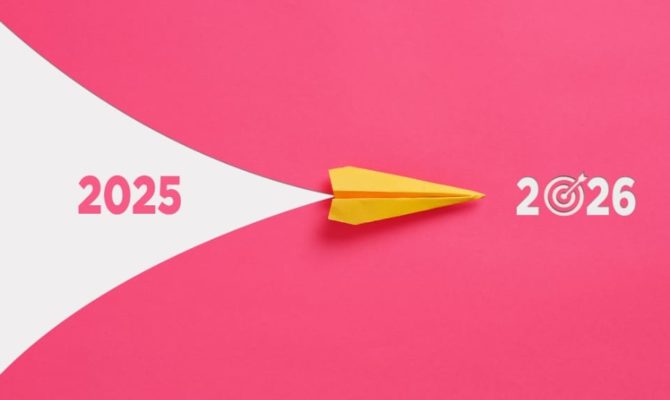 Future of digital marketing 2026, a yellow paper plane flying from 2025 toward 2026 on a bright pink and white background