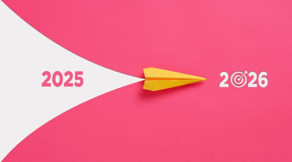 Future of digital marketing 2026, a yellow paper plane flying from 2025 toward 2026 on a bright pink and white background
