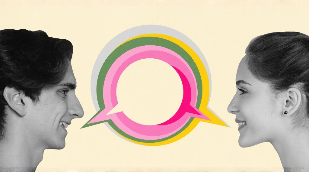 Marketing technology trends conversation, two people facing each other with colourful overlapping speech bubbles between them