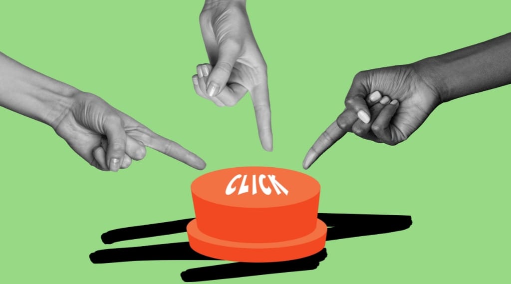 call to action best practices visible, three hands pointing towards a large red button marked CLICK on a green background