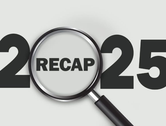 digital marketing recap 2025, the number 2025 with a magnifying glass over the middle showing the word recap