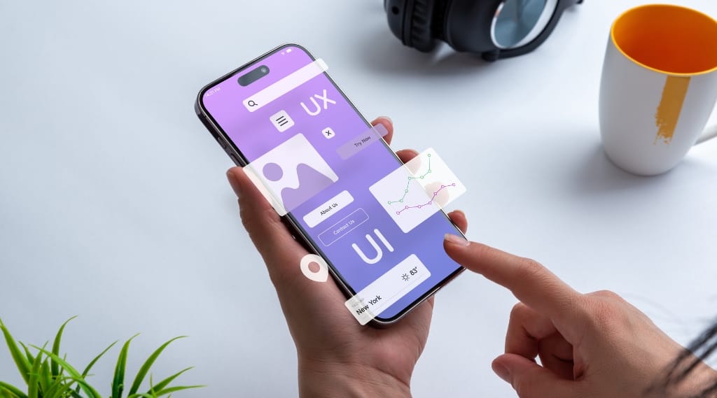 website UX mistakes mobile optimisation good, a person holding a smartphone displaying a UX and UI design interface with floating graphic elements