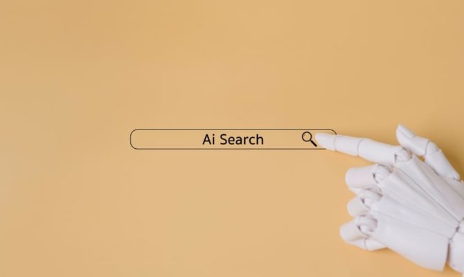 what is answer engine optimisation, a robotic hand pressing a search bar labelled Ai Search on a beige background