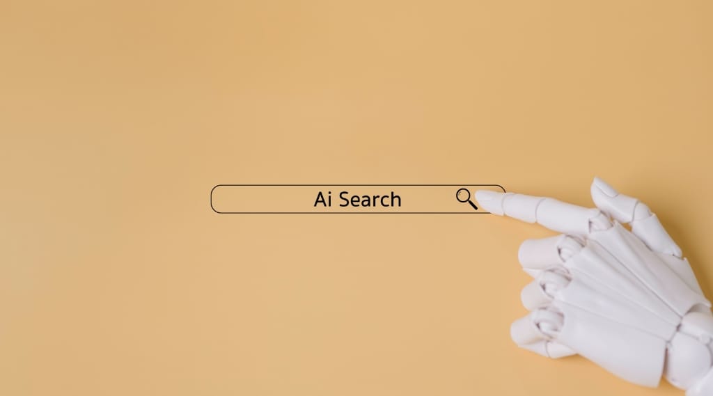 what is answer engine optimisation, a robotic hand pressing a search bar labelled Ai Search on a beige background