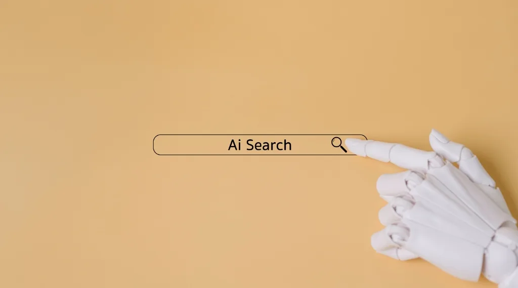 what is answer engine optimisation, a robotic hand pressing a search bar labelled Ai Search on a beige background