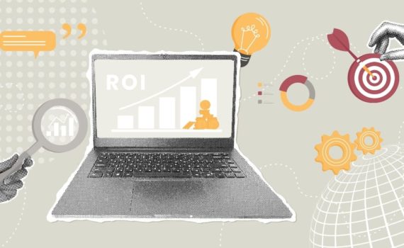 How to measure marketing ROI: Illustration of a laptop showing ROI growth with charts, icons and business visuals representing how to measure marketing ROI.