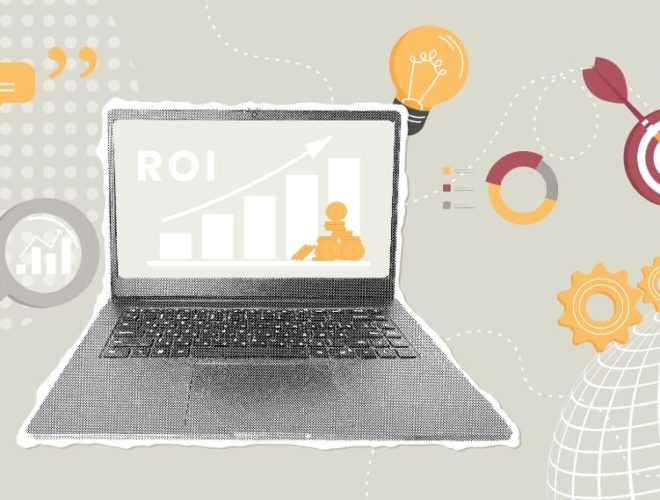 How to measure marketing ROI: Illustration of a laptop showing ROI growth with charts, icons and business visuals representing how to measure marketing ROI.