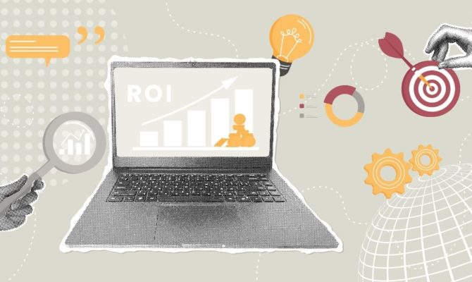 How to measure marketing ROI: Illustration of a laptop showing ROI growth with charts, icons and business visuals representing how to measure marketing ROI.