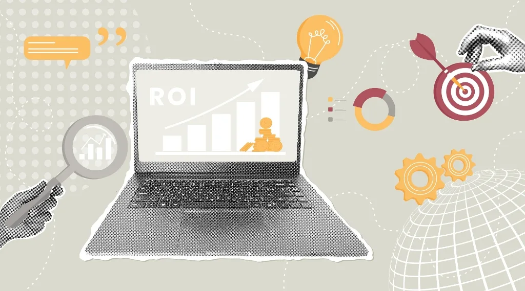 How to measure marketing ROI: Illustration of a laptop showing ROI growth with charts, icons and business visuals representing how to measure marketing ROI.