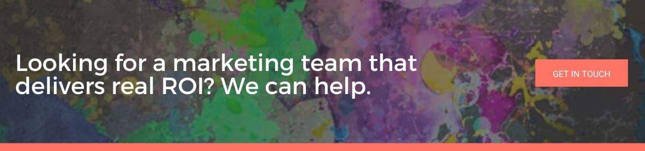 Looking for a marketing team that delivers real ROI_ We can help: Website banner with abstract colourful background and headline about delivering real marketing ROI with a call-to-action button.