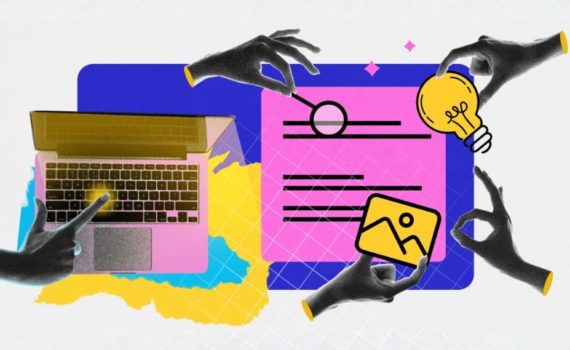 Business blog strategy: collage-style illustration showing laptop, content layout, lightbulb idea icon and multiple hands creating blog content.