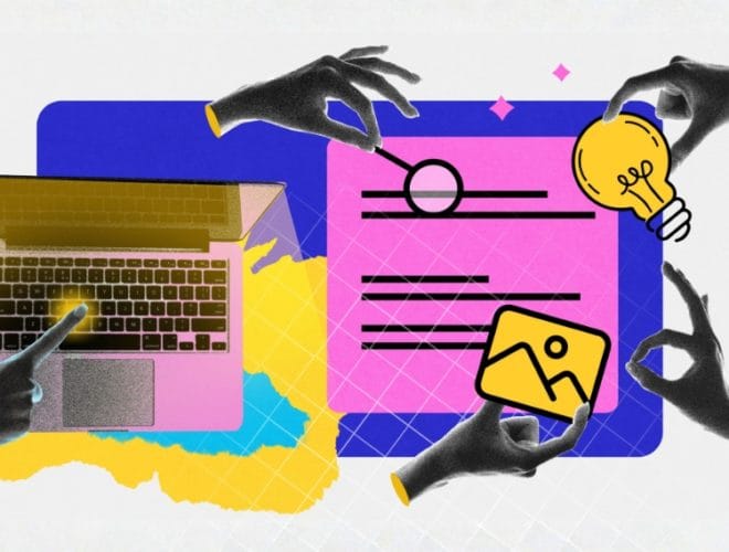Business blog strategy: collage-style illustration showing laptop, content layout, lightbulb idea icon and multiple hands creating blog content.