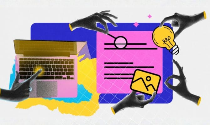 Business blog strategy: collage-style illustration showing laptop, content layout, lightbulb idea icon and multiple hands creating blog content.
