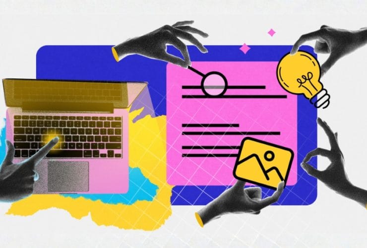 Business blog strategy: collage-style illustration showing laptop, content layout, lightbulb idea icon and multiple hands creating blog content.