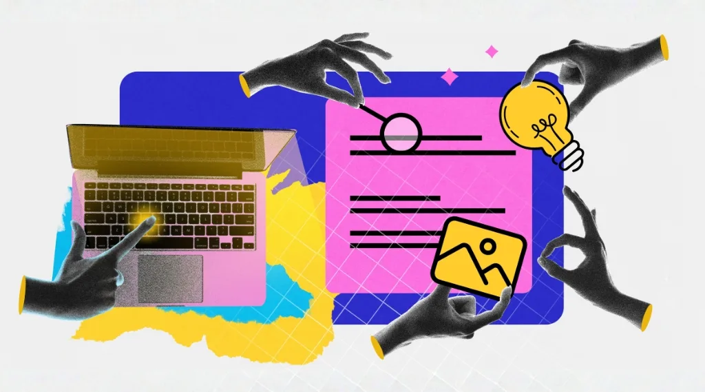 Business blog strategy: collage-style illustration showing laptop, content layout, lightbulb idea icon and multiple hands creating blog content.