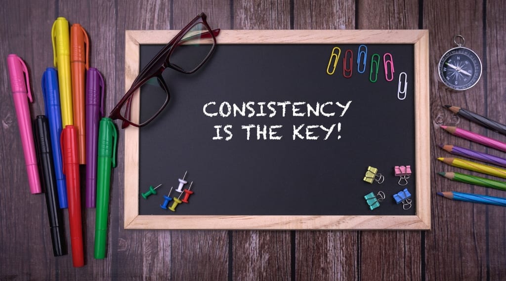 Blogging for your business: blackboard with the words consistency is the key surrounded by colourful stationery.