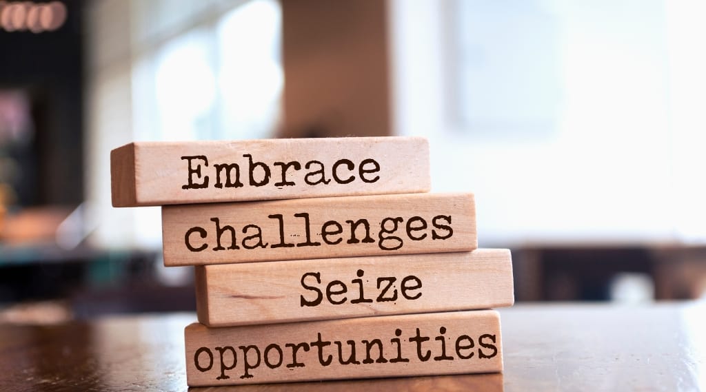 Marketing in a recession: wooden blocks stacked with the words embrace challenges seize opportunities.