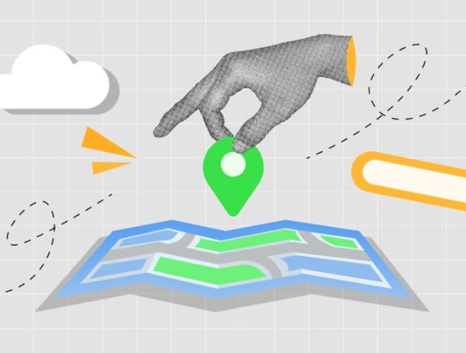 digital marketing agency near me: Illustration of a hand placing a location pin on a folded map with search and navigation icons, representing local digital marketing services.