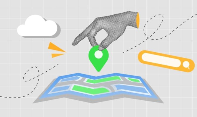 digital marketing agency near me: Illustration of a hand placing a location pin on a folded map with search and navigation icons, representing local digital marketing services.