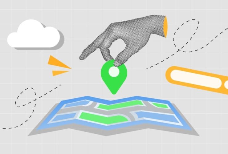 digital marketing agency near me: Illustration of a hand placing a location pin on a folded map with search and navigation icons, representing local digital marketing services.