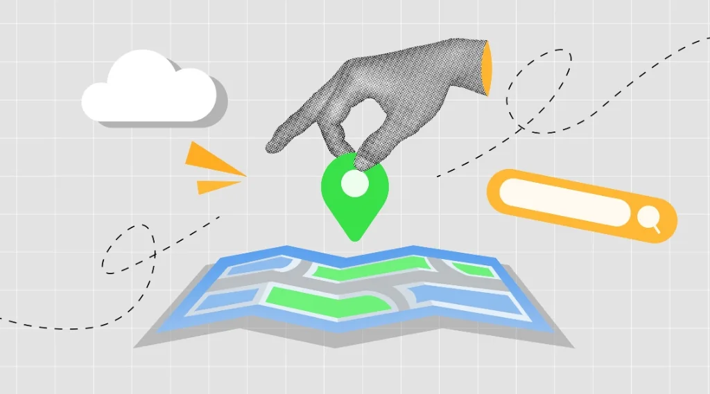 digital marketing agency near me: Illustration of a hand placing a location pin on a folded map with search and navigation icons, representing local digital marketing services.