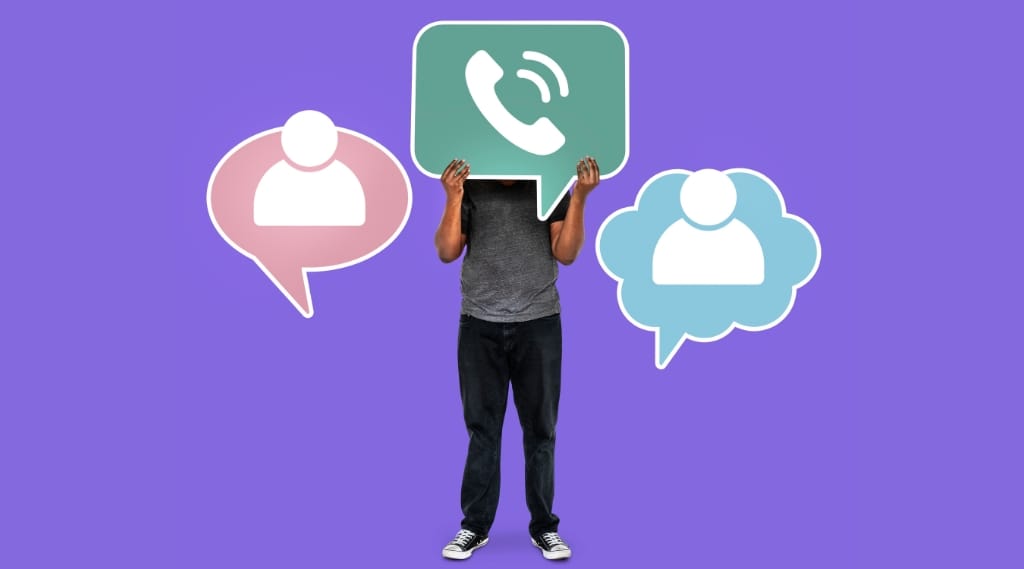 Hampshire social media marketing "Person holding a large speech bubble displaying a phone call icon in front of their face, surrounded by two smaller speech bubbles with user profile icons, against a purple background"