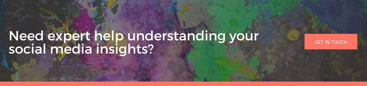 "Banner asking 'Need expert help understanding your social media insights?' with a Get In Touch button, set against a dark abstract painted background"