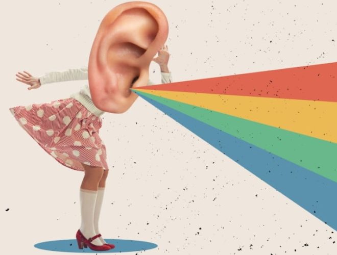 Social media insights "Surreal collage art of a figure with an oversized ear as their head, leaning towards a colourful rainbow of sound waves against a textured cream background"